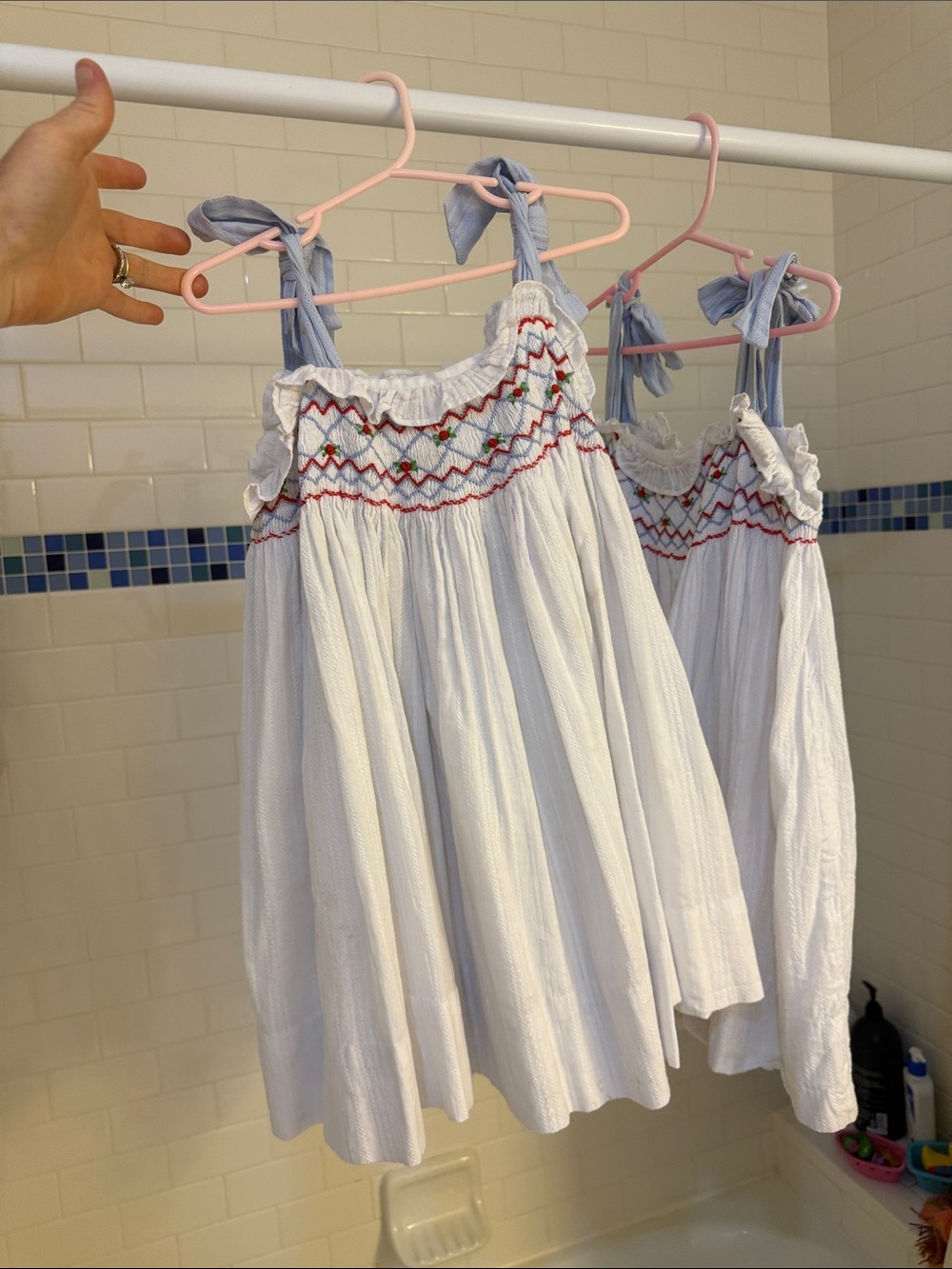 Twins (two 2) size 5 & 6 Girls White Smocked Summer Dress with Blue Tie Straps